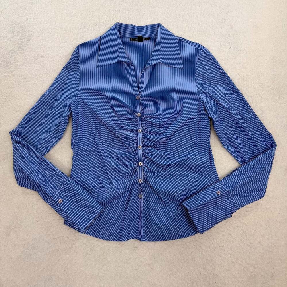 Lafayette 148 Blue Ruched Button Down Top Cotton Y2K Office Siren Quiet Luxury - Picture 1 of 7